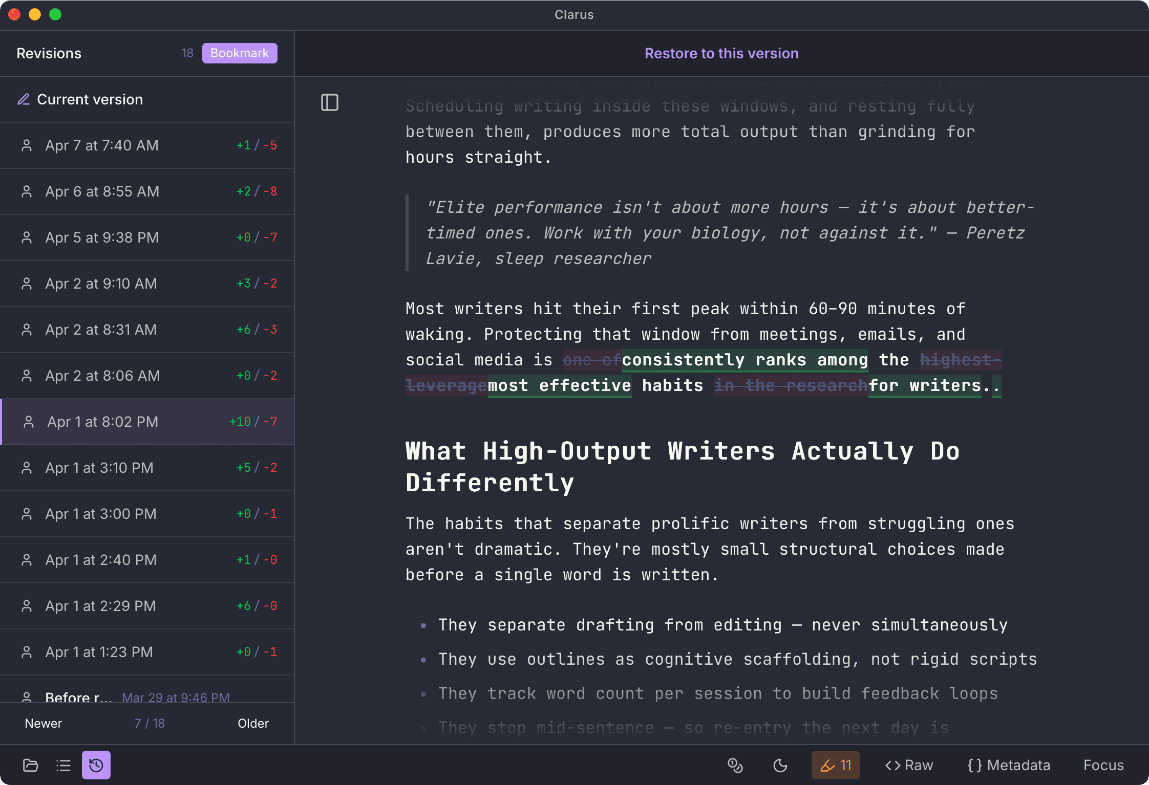 Track changes view showing revision history in Clarus