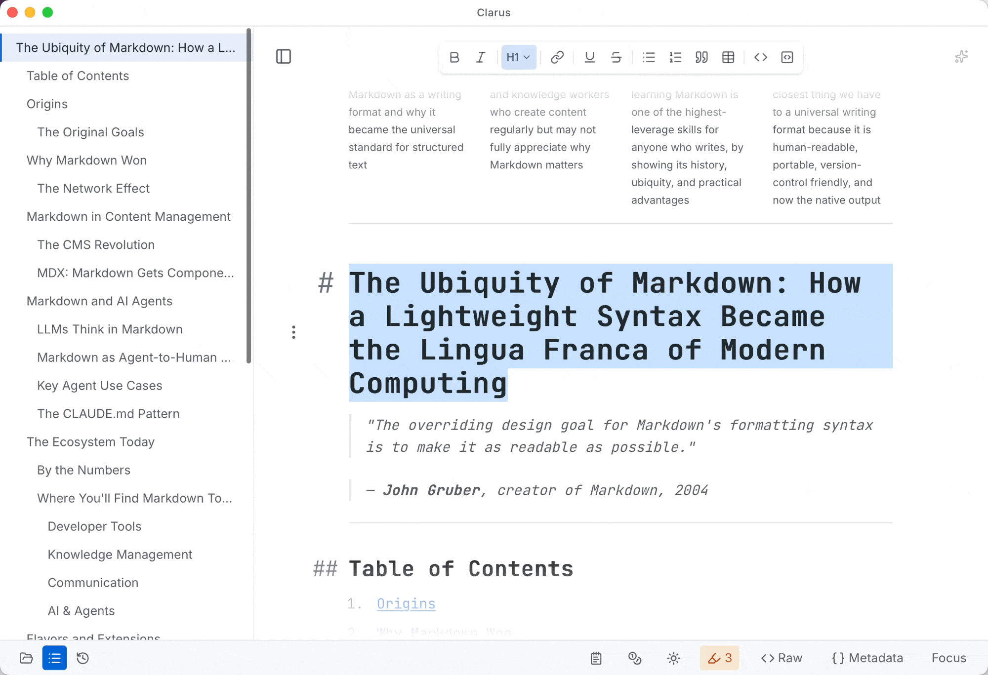 Outline view showing document structure with nested headings in Clarus