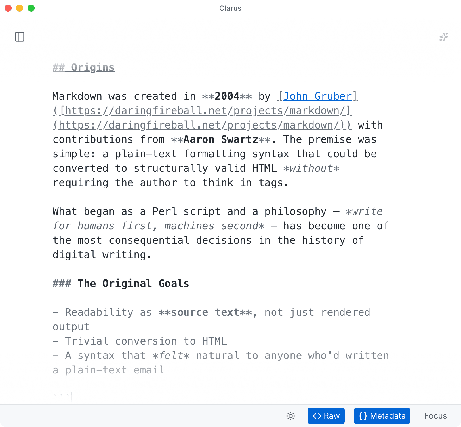 Raw markdown source of a Clarus document