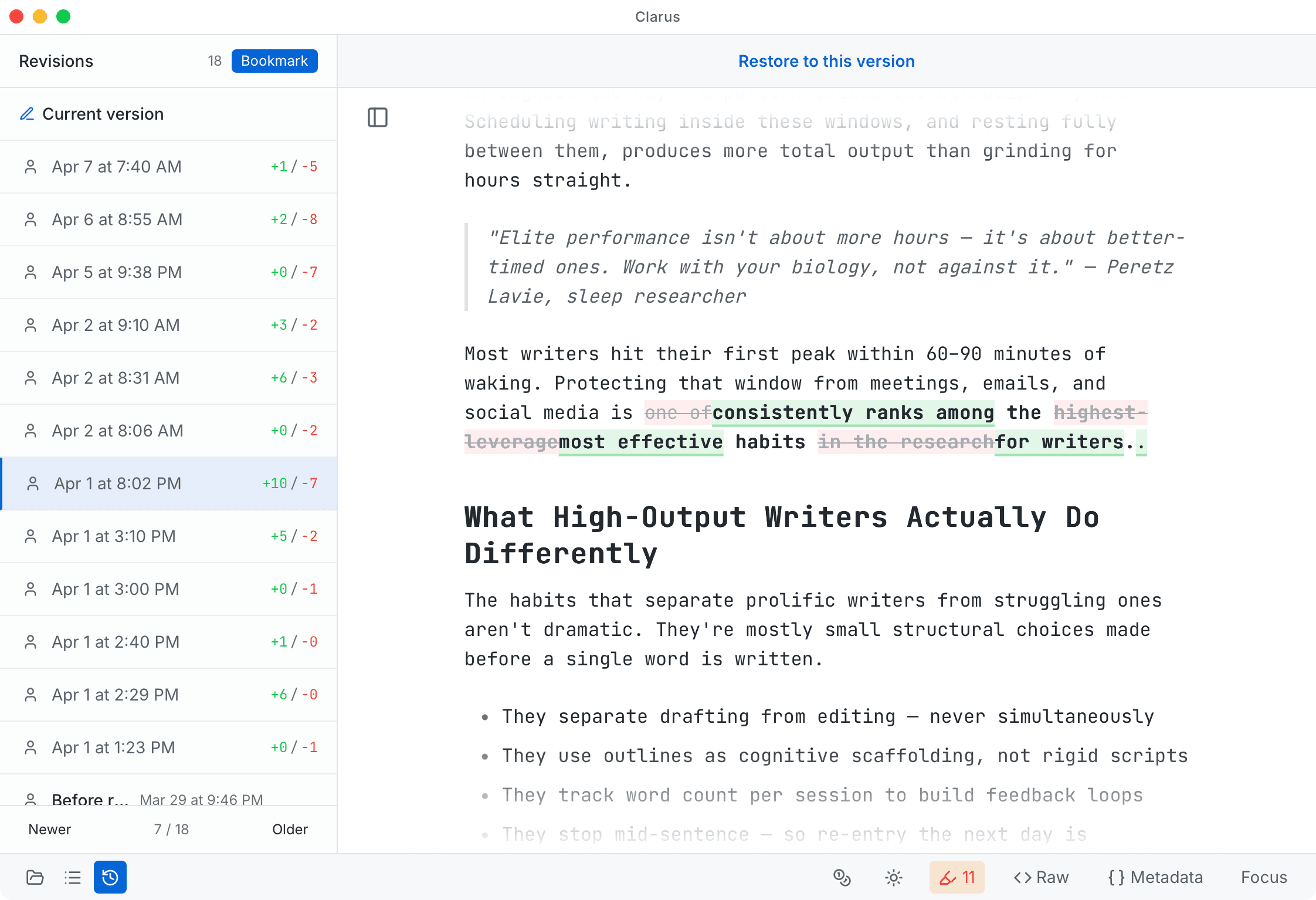 Track changes view showing revision history in Clarus