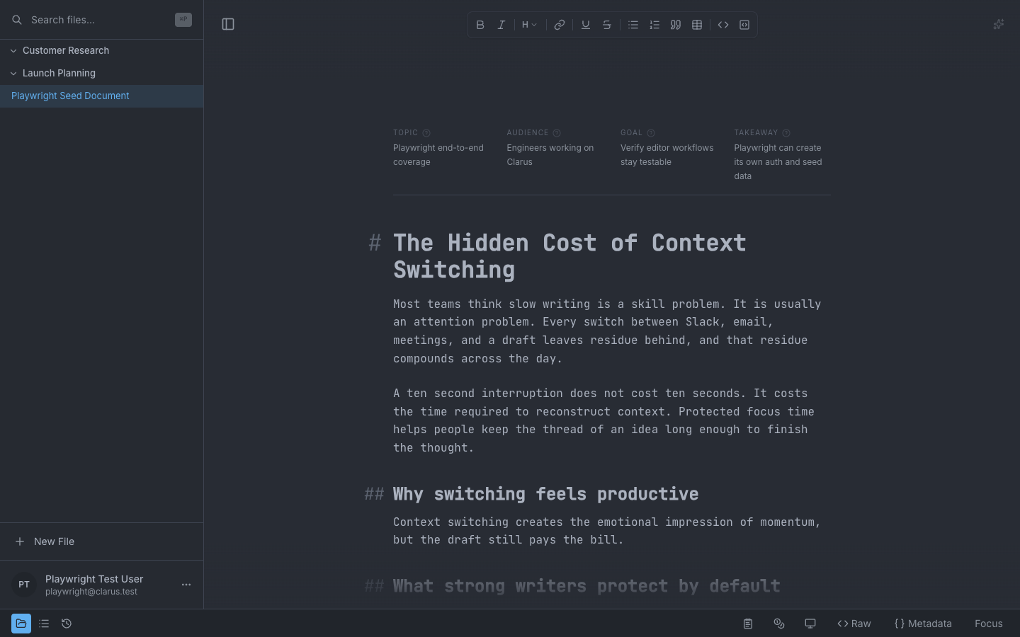 Clarus editor overview in a dark theme