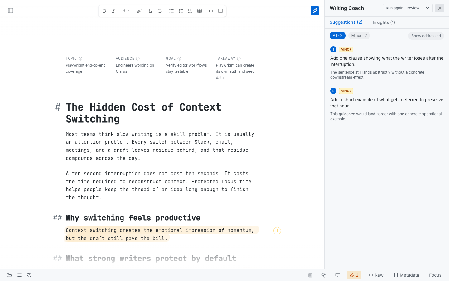 Clarus editor overview in a light theme