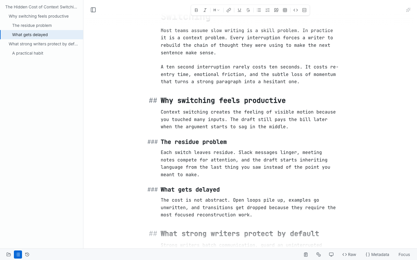 Clarus outline sidebar used to navigate a document